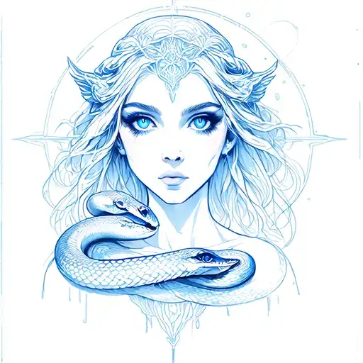OPHIUCHUS Woman God Snake Bright eyes blue colour Cold glance tattoo design idea
