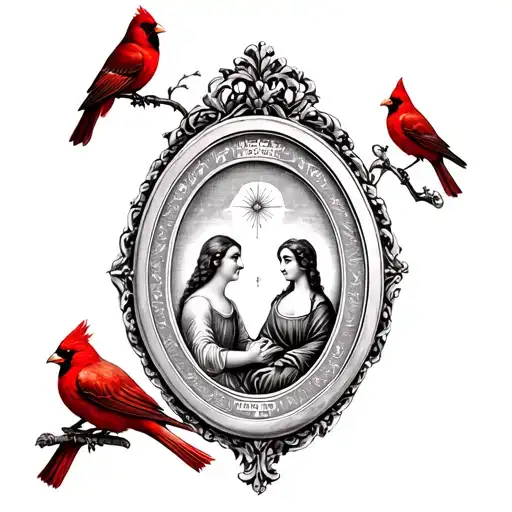 antique oval picture frame with lovers tarot picture in black and white with 2 red cardinals on the outside tattoo design idea