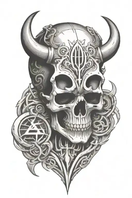 rune carved skull with horns tattoo design idea