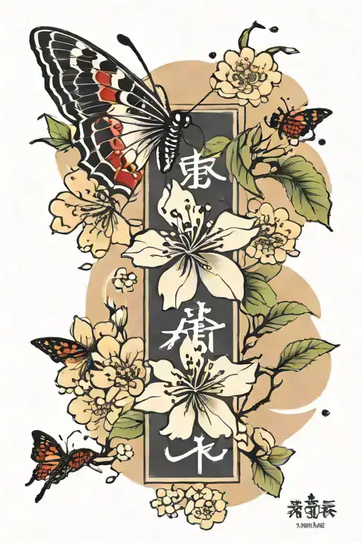 a small vertical arm tattoo of cherry blossoms and butterflies and the word “volle autonomie” written vertically down t tattoo design idea