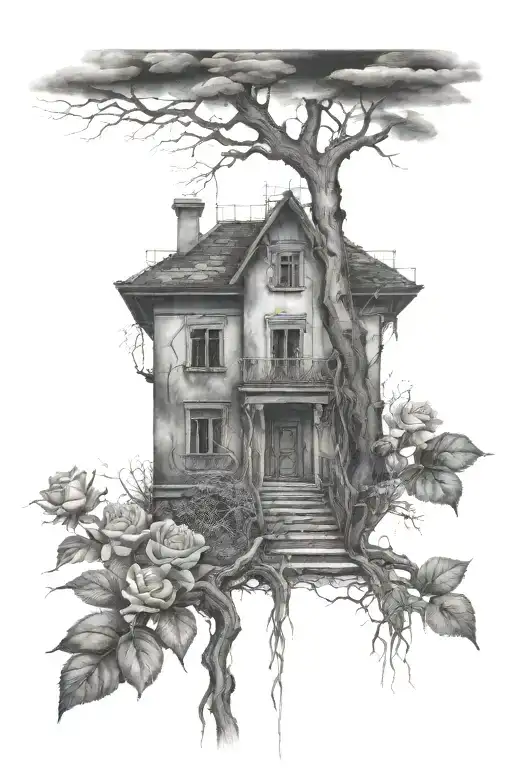 Abandoned Stalin-era house, roses, tree roots tattoo design idea