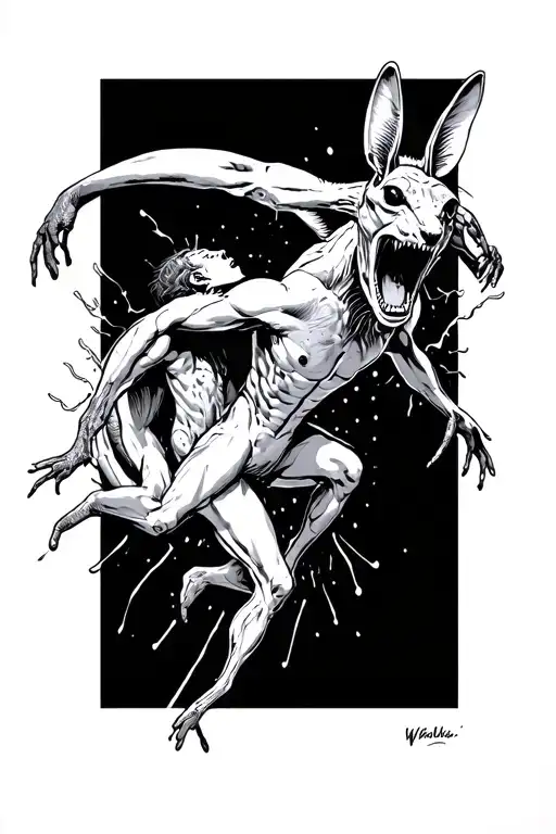 Wallabi jumping out of someones chest, chest burster, like the scene from Alien tattoo design idea