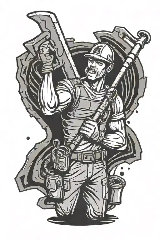 rock blasting background , construction worker holding a trident and a phone that money goes into the phone  tattoo design idea