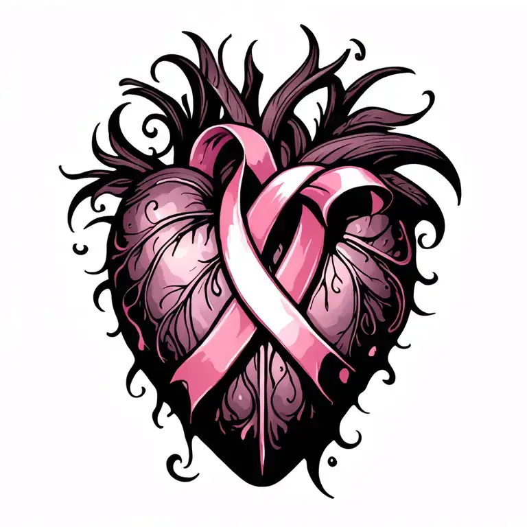tribal heart with cancer ribbon tattoo design idea