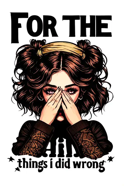 Bold text "for the things I did wrong" with the image of a girl covering her mouth with her hands tattoo design idea