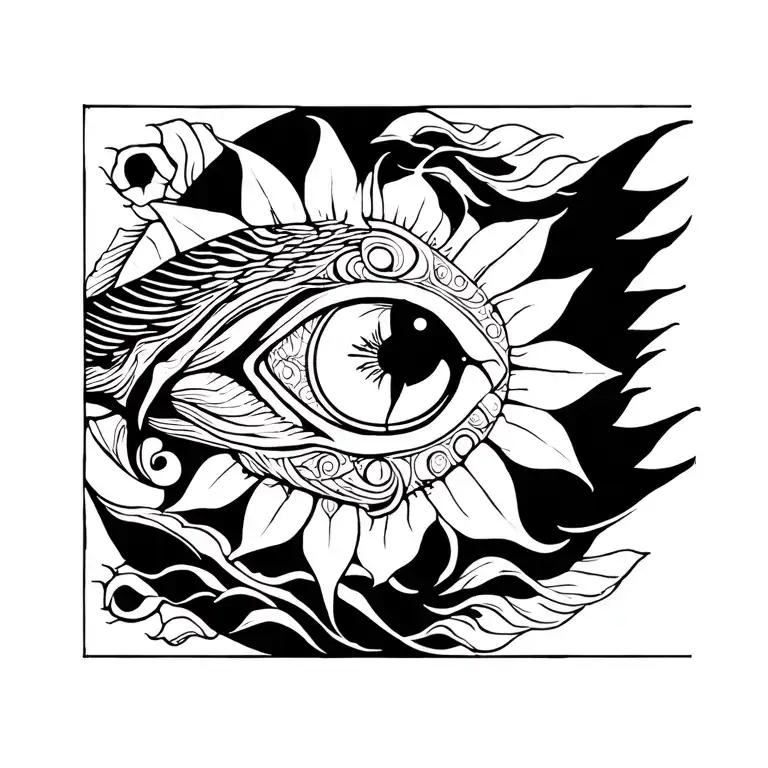 sun with feline eye (Leo), stylized fish (Pisces), lotus flower (Virgo). Vertical flow, clean lines, spiritual & geometr tattoo design idea