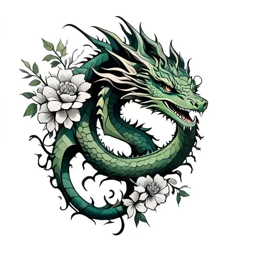green earth dragon with flowers growing out of it with vines and other flowers around it on forearm  tattoo design idea