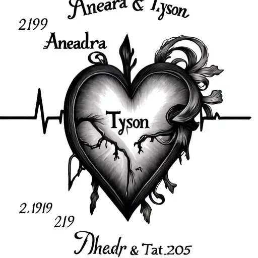create heartbeat tattoo with the names Aneadra and Tyson and the date 2/19/2005 integrated into the heartbeat with heart tattoo design idea