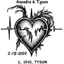 create heartbeat tattoo with the names Aneadra and Tyson and the date 2/19/2005 integrated into the heartbeat with heart tattoo design idea