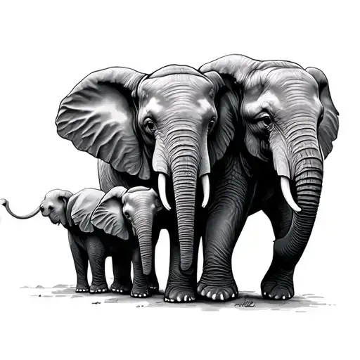 elephant family with 4 kids tattoo design idea