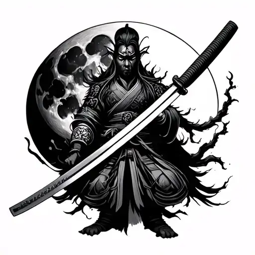 katana , blood moon , japanese shrine guardians infront tattoo design idea