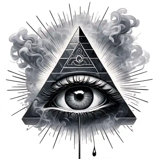 black and grey all seeing eye in a pyramid with smoke and rays around it and a tear coming down the eye tattoo design idea
