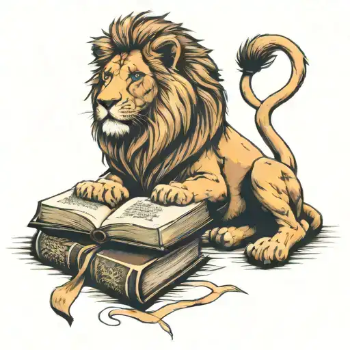 lion head laying with his front legs lying on bible  tattoo design idea