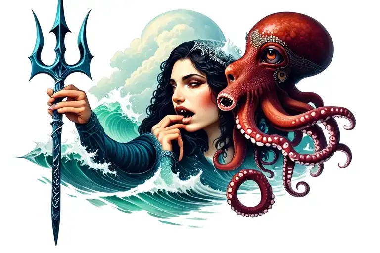 sea god holding the trident and a woman face with octopus tentacle all around her and in her mouth. Waves and cloud tattoo design idea