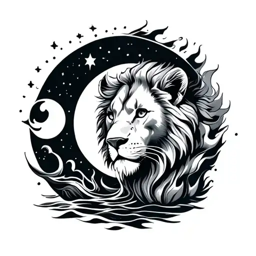 leo, aquarias, fire, water, sun, moon tattoo design idea