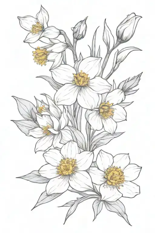 violet narcissus daisy larkspur poppy and aster tattoo design idea