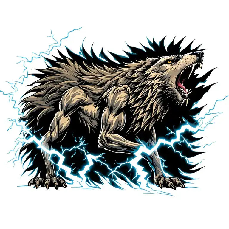 full-body howling werewolf surrounded by lightning tattoo design idea