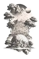 Create a tattoo of a geodesic dome structure surrounded by intricate topographic patterns, inspired by the client's love for topography and geodesy tattoo design idea