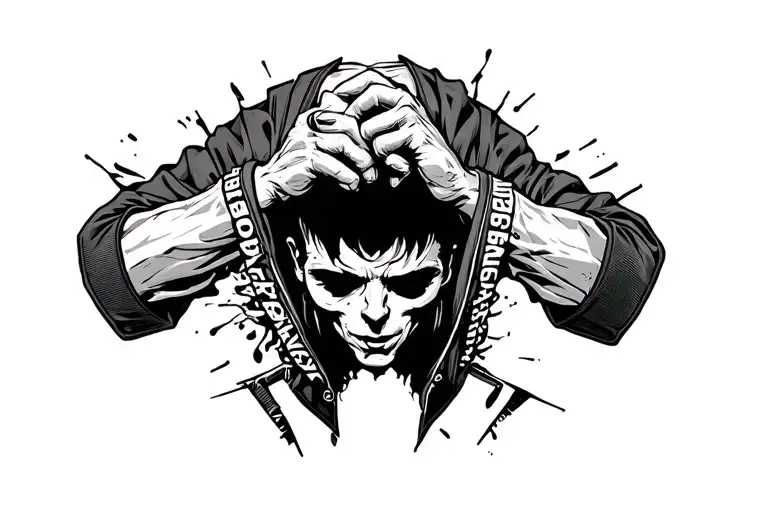 Broad Shoulders tearing thru a Straight Jacket With The Word Broad Shoulders in Back ground  tattoo design idea