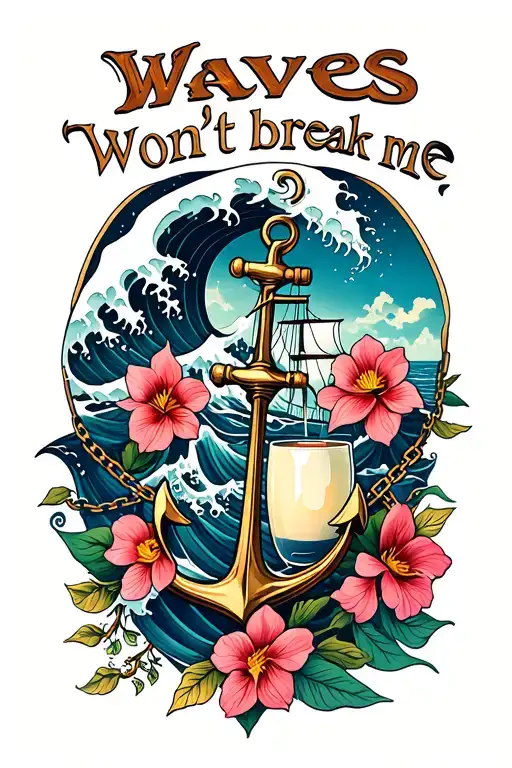 " Waves won't break me" waves, ship, anchor, flowers, wine, skeleton female, chain, wind, wave tattoo design idea