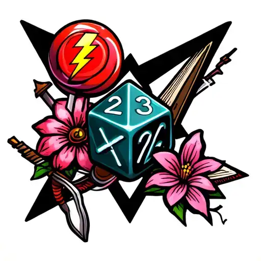 d20 dice surrounded with a red lightning bolt, a pink lollipop, a book, a flower, a bow and arrow, a bow and a triangle  tattoo design idea