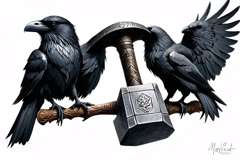Mjolnir Hammer with two ravens Huginn and Muninn tattoo design idea