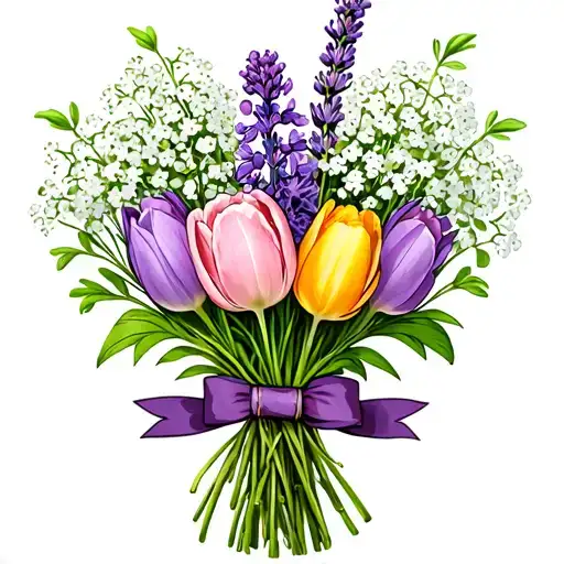 bouquet of one baby breath, one lilac, one tulip, one hyacinth, and one lavender. add ribbon on bottom to tie together  tattoo design idea