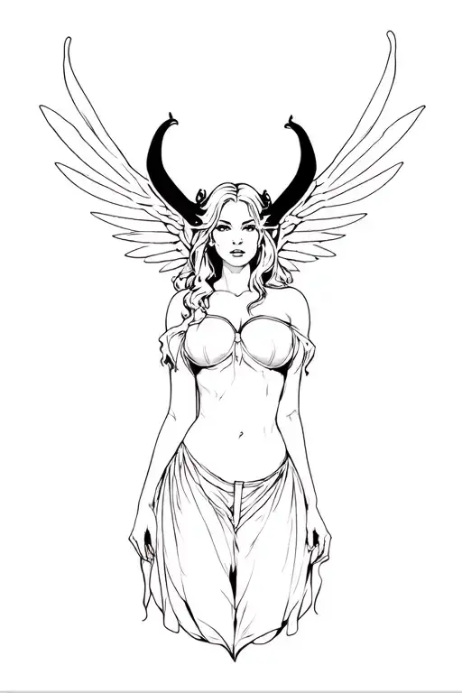 plus size succubus with wings, wearing clothes tattoo design idea