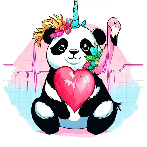 Single-line ECG heartbeat with panda, flamingo, unicorn integration, simple drawing, one line tattoo design idea