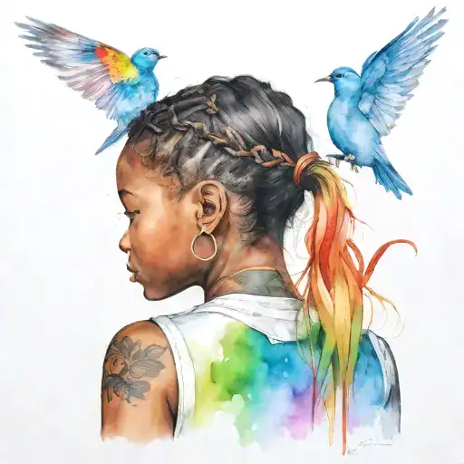 little black girl back profile turning into birds looking at watercolor rainbow and bluebird tattoo design idea