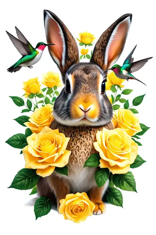 a rabbit surrounded in yellow roses with hummingbirds tattoo design idea