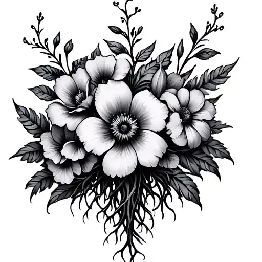 gothic floral multiple flowers with roots tattoo design idea