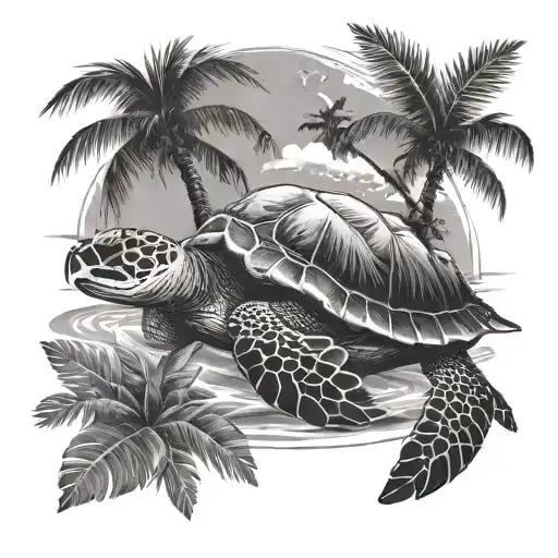 sea ​​turtle and beach with palm trees and sea realism tattoo design idea