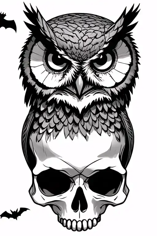 owl on a skull with small bat flying nearby owl tattoo design idea
