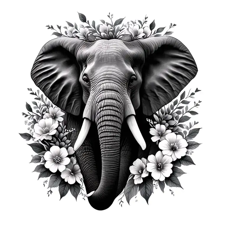 elephant head with flowers surrounding tattoo design idea
