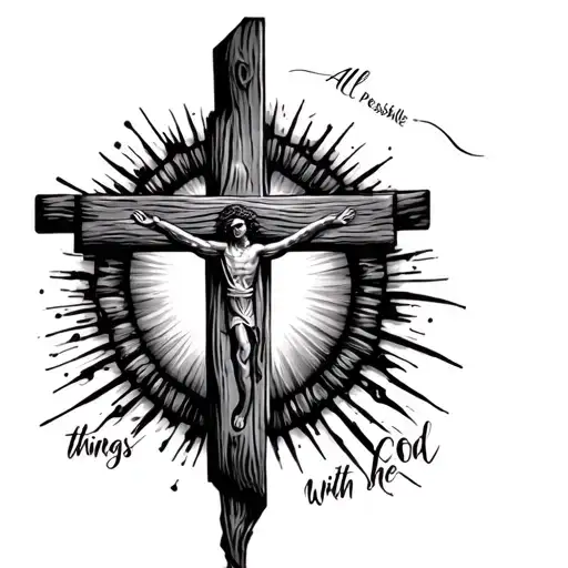 a wooden cross with all things are possible with god in the cross tattoo design idea