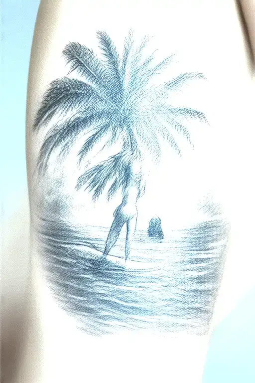 beach palm tree girl with surfer board sunset scene tattoo design idea