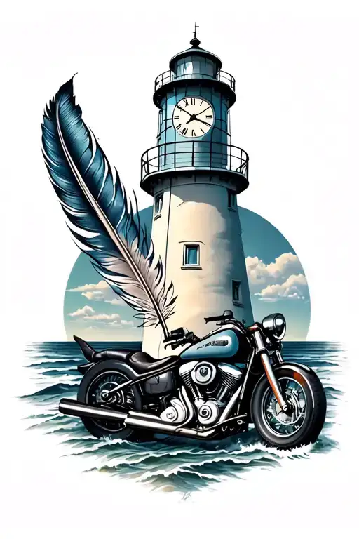 lighthouse with clock indian feather, motorcycle and fish tattoo design idea