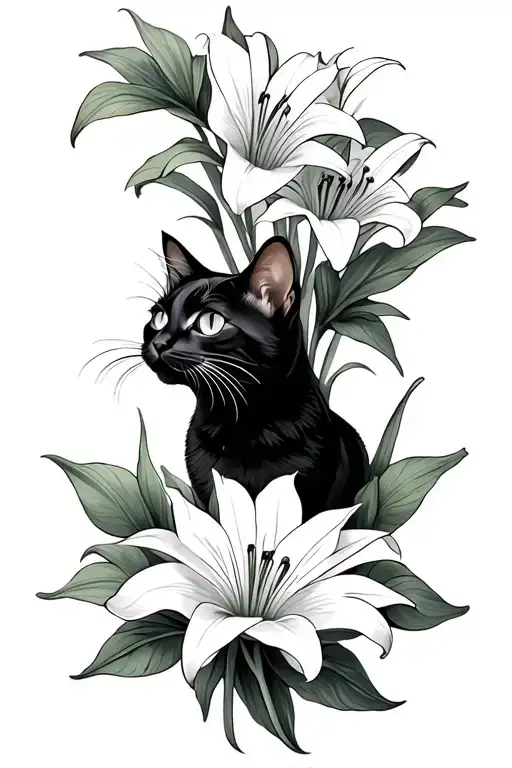 cat and lily flower tattoo design idea