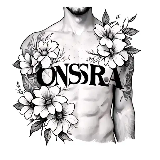 "A tatto on men chest written "ONSRA" surrended by thin flowers" tattoo design idea