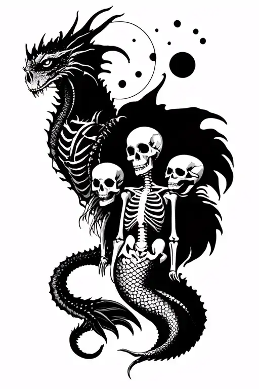 3 human skulls, a full mermaid skeleton, and a dragon skeleton below a fully eclipsed moon tattoo design idea