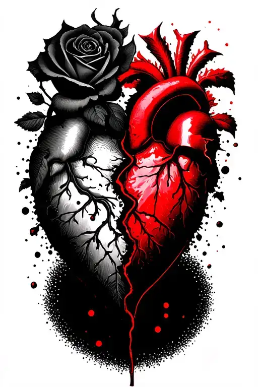 half of rose and heart faded falling apart and the other half blood red broken falling into pieces  tattoo design idea