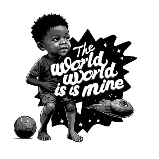 A small world written the world is mine in English and a black boy with a ball on his feet on the anti arm tattoo design idea
