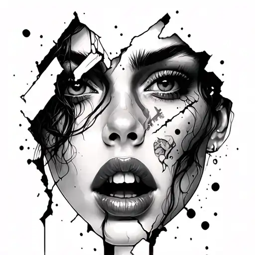 woman's face that's shatter with emotions of happiness sadness and anger tattoo design idea