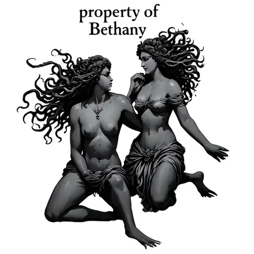 "property of Bethany" medusa goddess with a kneeling slave tattoo design idea