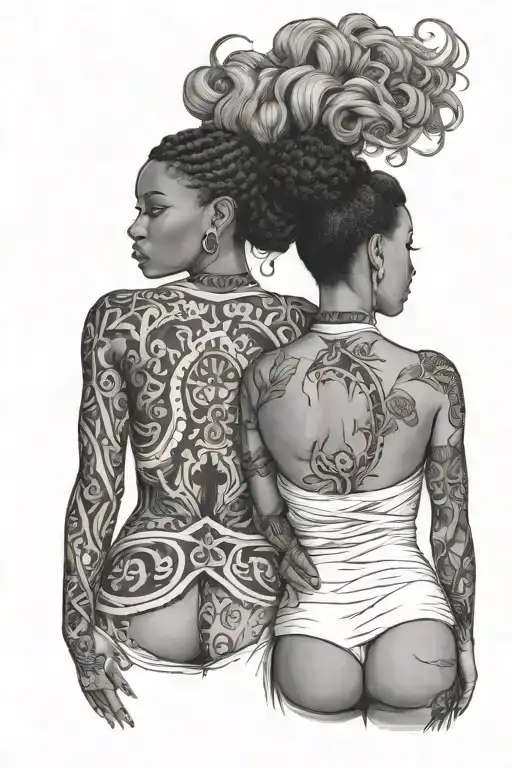 two black women facing back to back   tattoo design idea