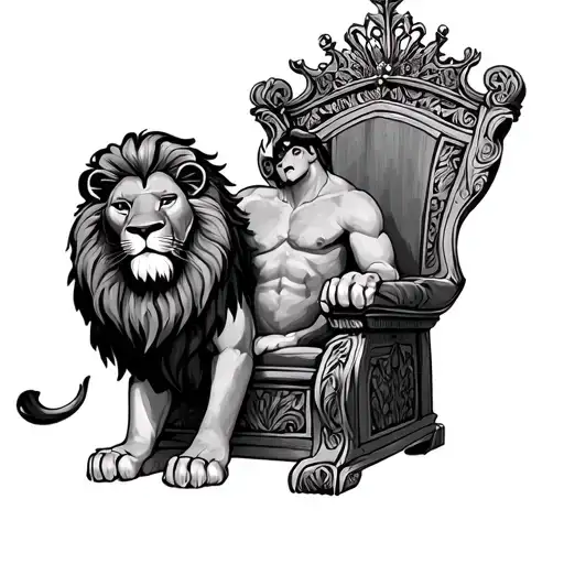 lion king sitting on a throne wearing a crown tattoo design idea