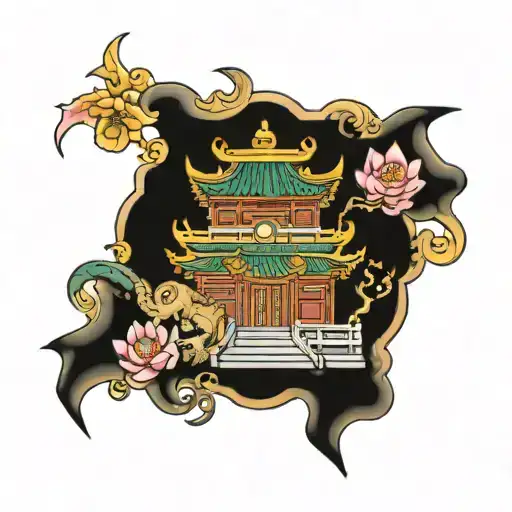 fu dog pagoda temple tattoo design idea