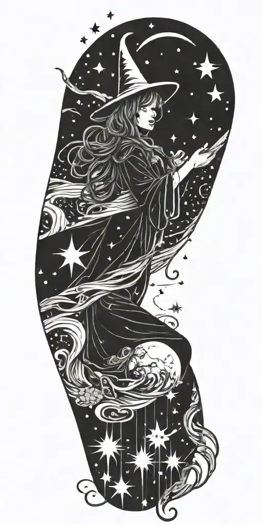A celestial witch casting spells under a starry night sky tattoo design idea