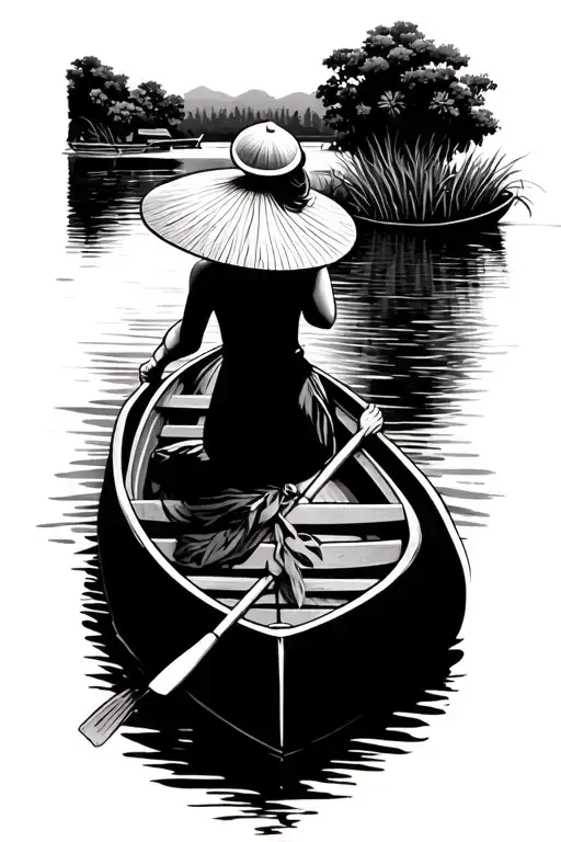 Vietnamese lady back turned with rice hat paddling on a canoe in the distance, scenic backgroun tattoo design idea
